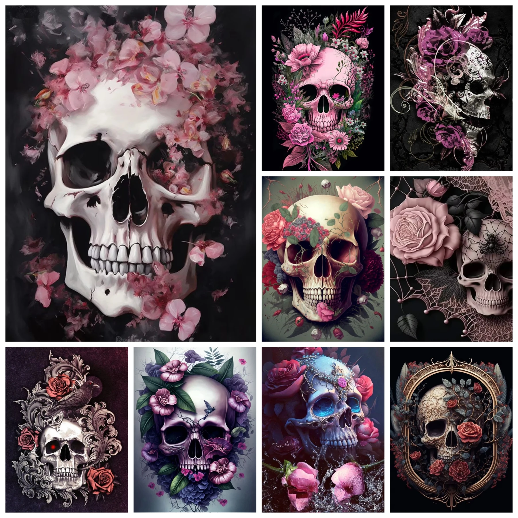 Halloween Blumen-Zuckerschädel Diamantmalerei Kunst Mexikanischer Tag der Toten Horror-Todes-Skelett Rose Kristallkreuz