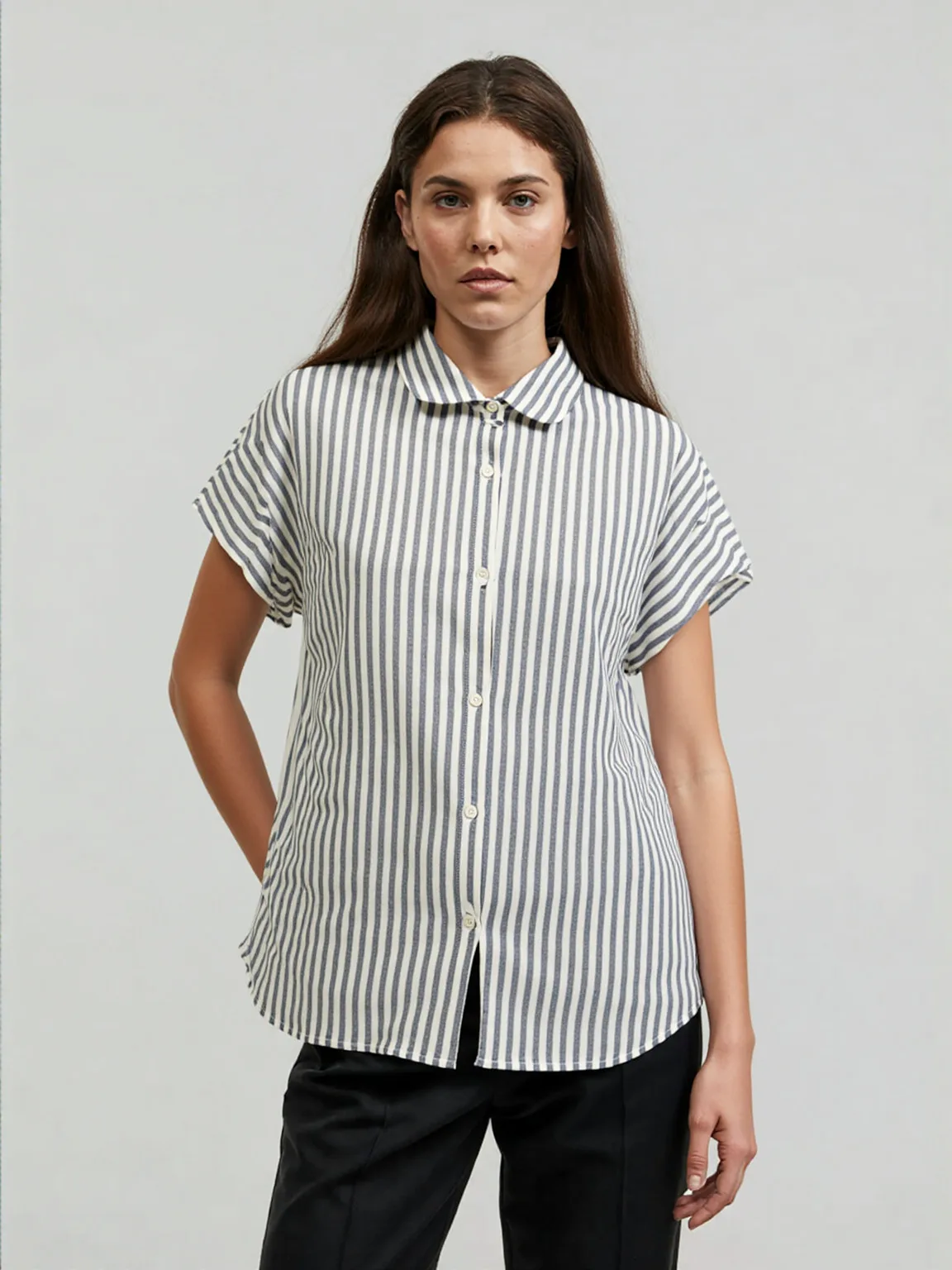 

2025 Summer New 100%Cotton Yarn Plaid Striped Women's Shirt &Tops Lady Loose Casual Striped Plaid Short Sleeve Shirt Clothes