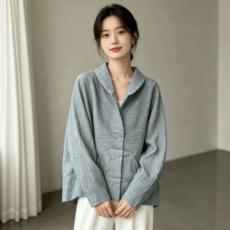 Textured Loose Women's Casual Style One Button Collar Spring Autumn Folds Polyester Fiber Long Sleeve  Color Open Cardigan