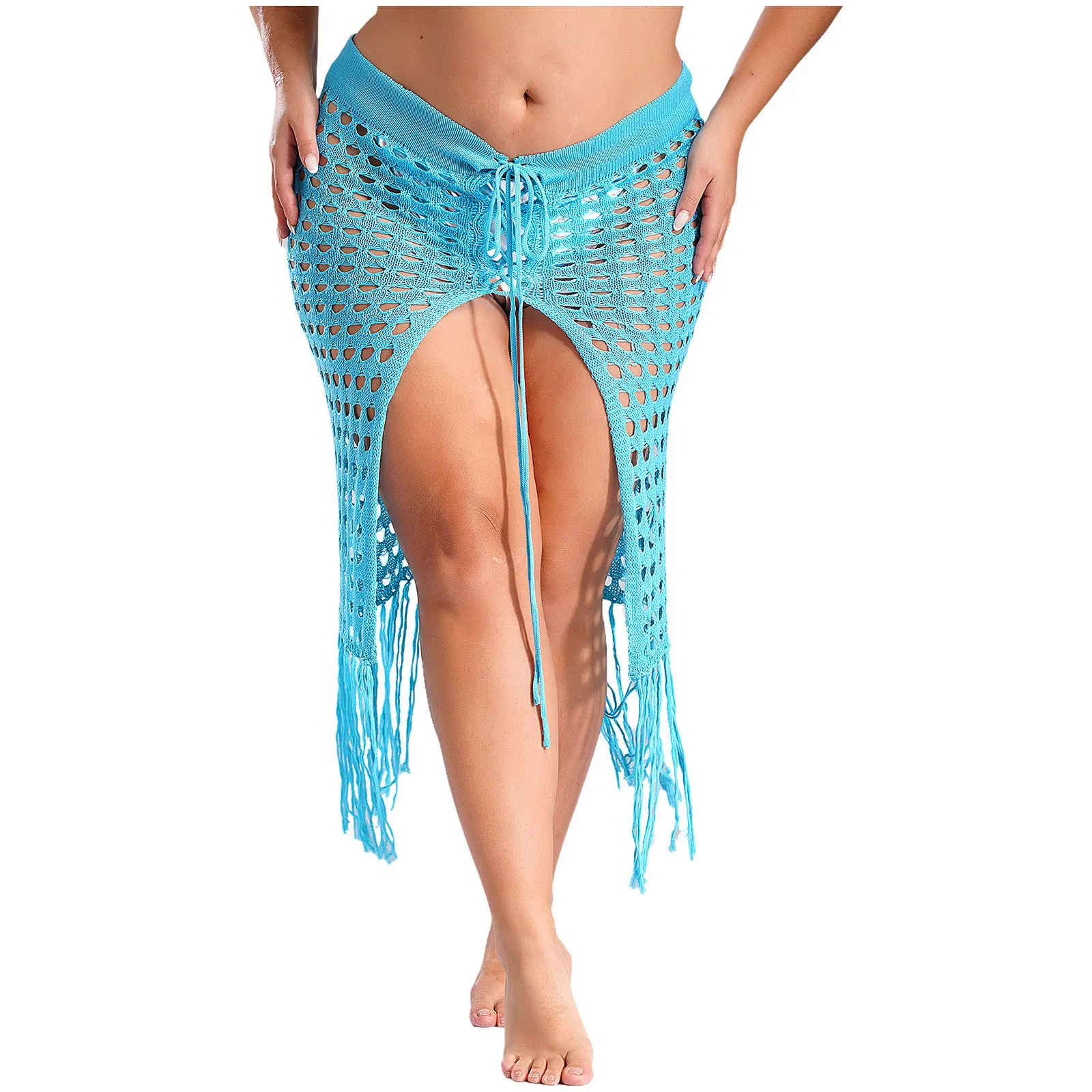 

Женская вязаная пляжная юбка с вырезом по бокам, юбки на шнуровке с кисточками, летний пляжный купальник для бассейна, накидка, бикини, юбка с запахом