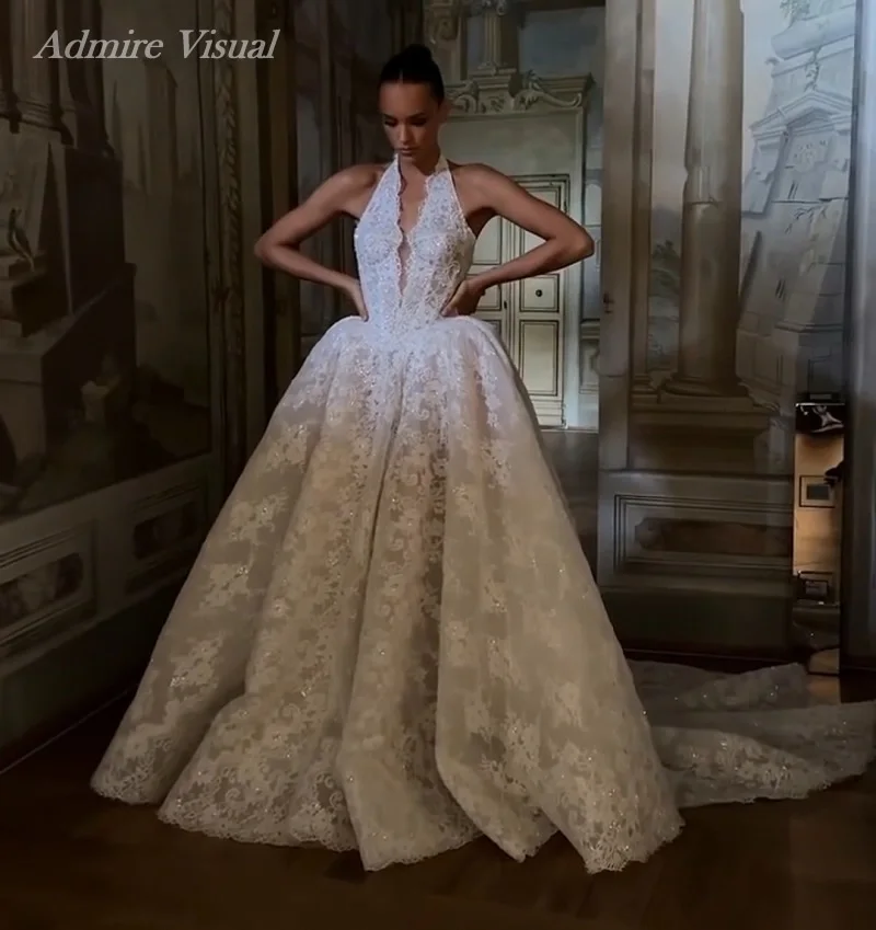 Admire Visual Customized Wedding Dress A-Line Lace Haler Neck Neckline Sleeveless Basque Bride Gowns