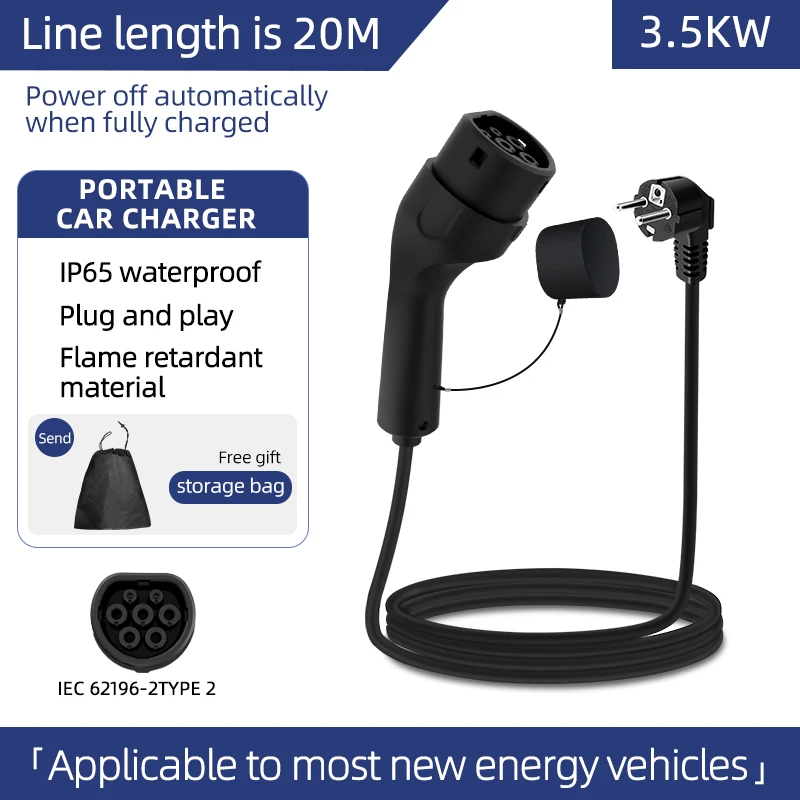 Draagbare 3.5KW 16A EV-oplader met 3M-20M kabel Type2 IEC62196 EU-stekker Wallbox-adapterstekker en opladen voor elektrische voertuigen