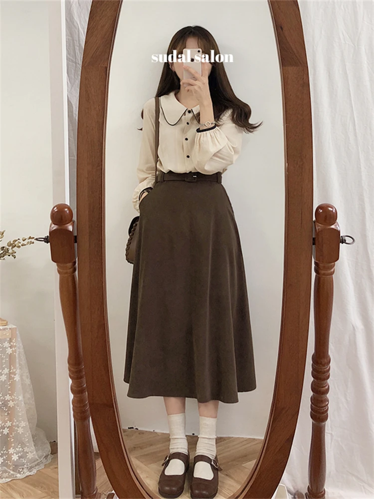 new A Line solid Women Skirts Pleated MI-long New Knee Length Skirt Female Vintage Suede Skirts Jupe Femme Faldas Mujer