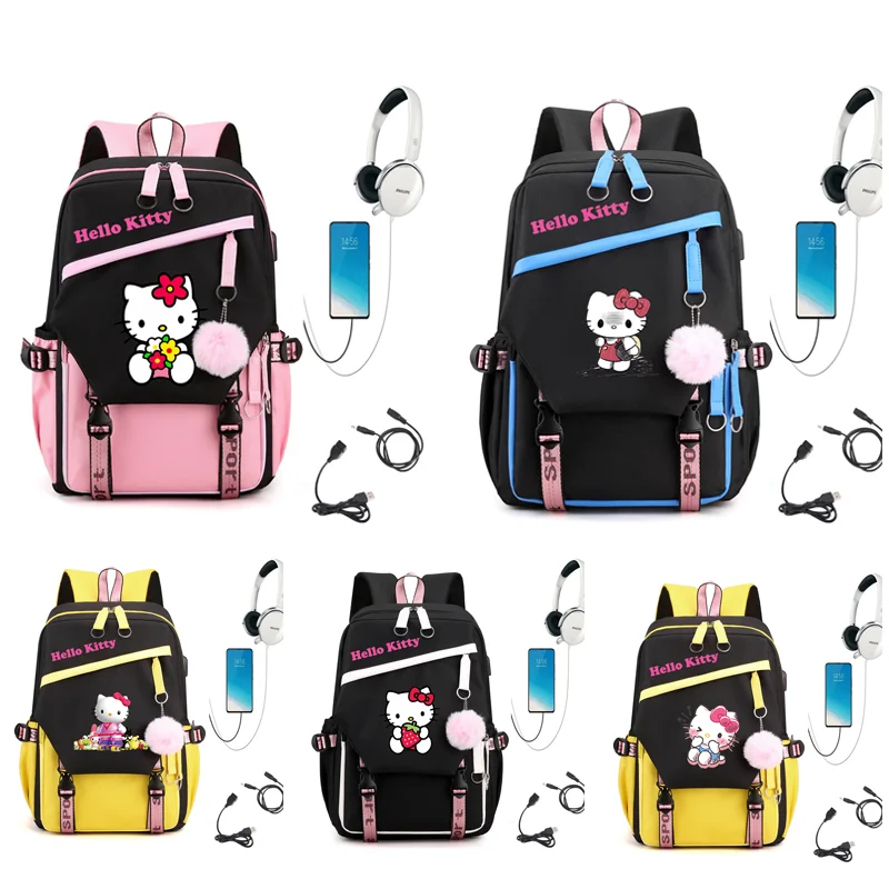

Рюкзак Hello Kitty для ноутбука для девочек и мальчиков-подростков, детский рюкзак, мужской и женский повседневный школьный рюкзак с героями мультфильмов, USB-рюкзаки