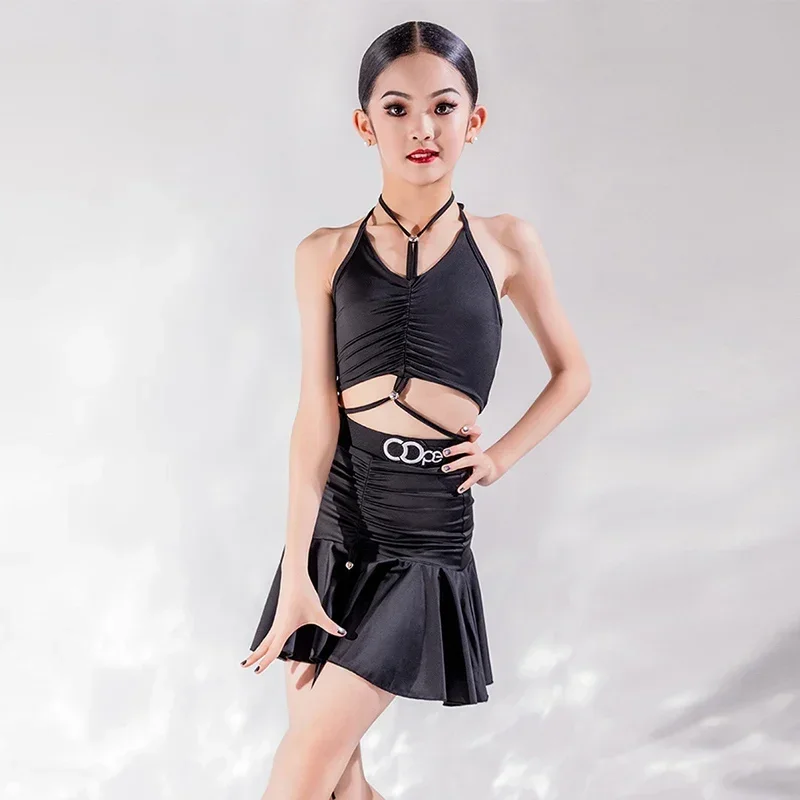 Costume de danse latine noir pour filles, vêtements d'entraînement d'été, robe de danse Salsa Rumba ChaCha, vêtements de Performance, jupe body