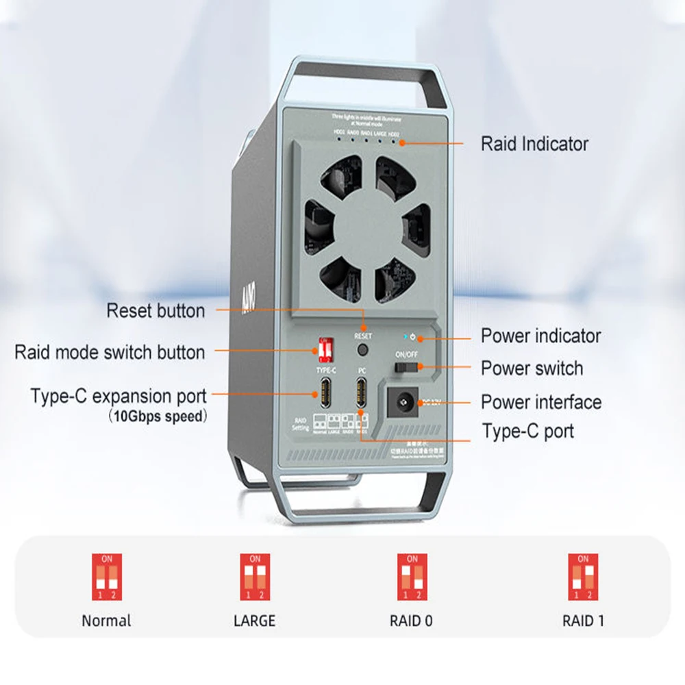 MAIWO 2 Bays RAID Type C 3.5" SATA HDD SSD Enclosure Aluminum HDD Case Up to 10Gbps With Handle Hard Drive Disk Array Cabinet