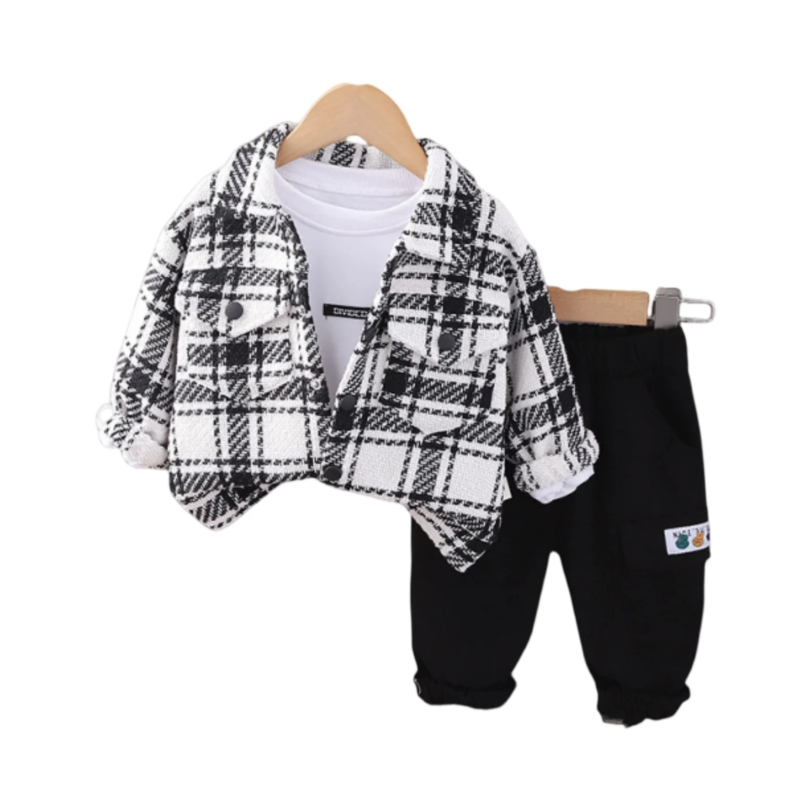 

Spring And Autumn Children'S Casual Simple Long Sleeved Set Checkered Long Sleeved Chest Button Pocket Top Solid Color Pants