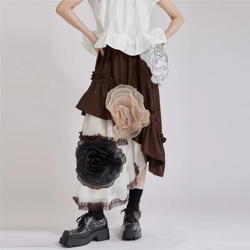 

Johnature 2025 New French Retro Casual Fashion Irregular Mesh Splicing Fluffy Three-Dimensional Flower Women Skirts