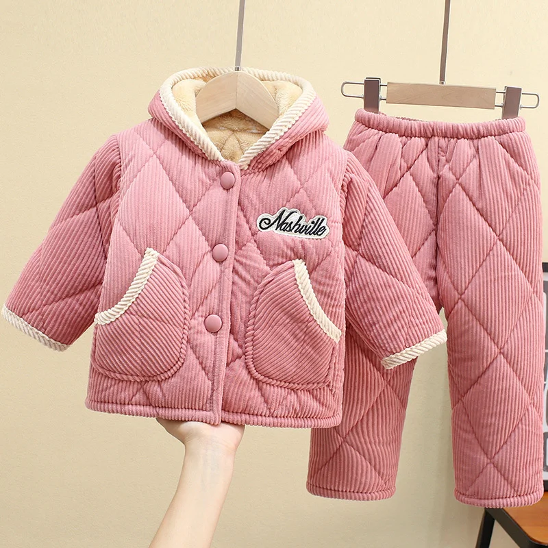 Winter Children\'s Pajamas Sets Boys Girls Thicken Flannel Cotton Suits Kids Plus Velvet Tops+Pants 2Pcs Outfits Hooded Homewear