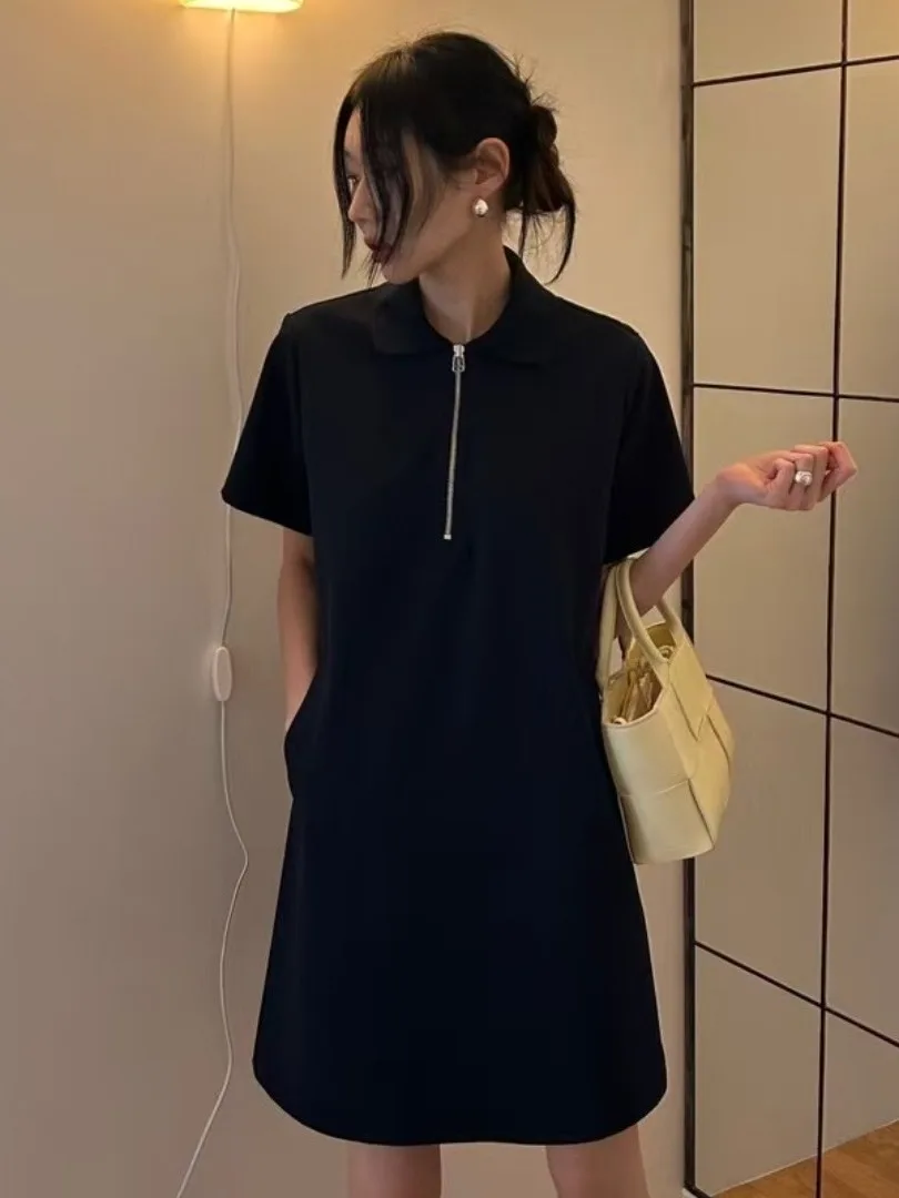 우아한 회색 폴로 넥 짧은 소매 드레스 여성 여름 새 스타일 빈티지 폴카 도트 미니 드레스 세련되고 세련된