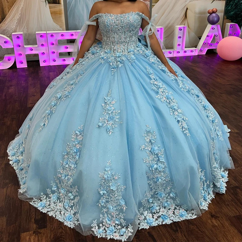 Mexican Sky Blue Quinceanera Dresses Ball Gown Beaded Lace Appliques Bow Sweet 16 Dress Princess Lace Up Vestido De 15 Anos