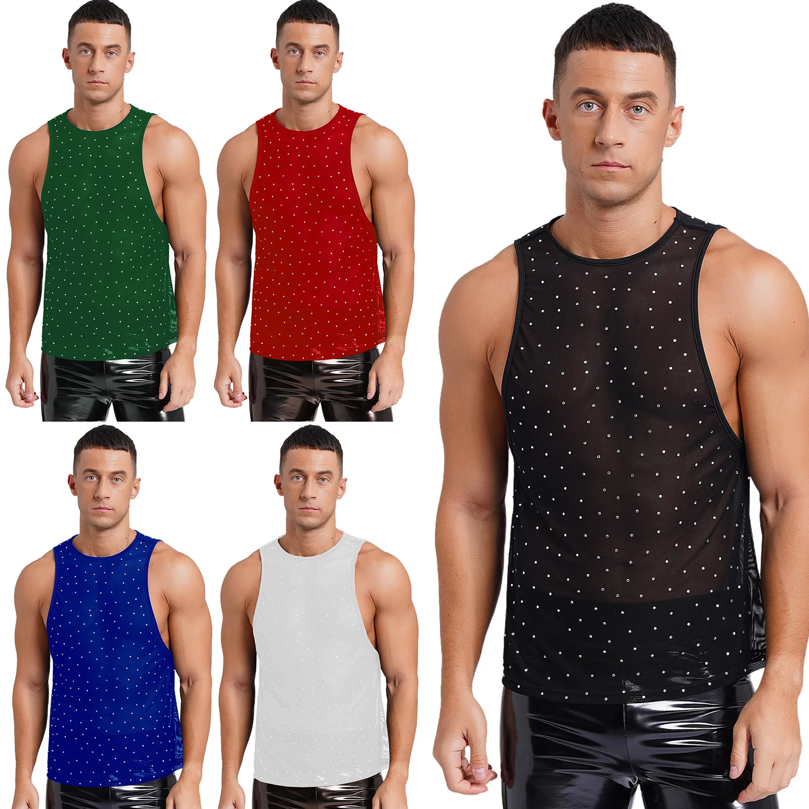 Sexy masculino ver através de malha regata, gola redonda, strass pura colete, tops para mostrar, músculo, fitness, festa rave, clubwear, colete