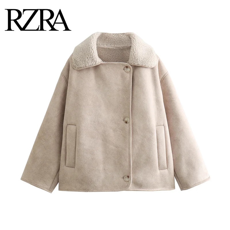 RZRA women\'s 2024 new polar fleece fur integrated lapel long sleeve loose warm and comfortable suede plus velvet jacket