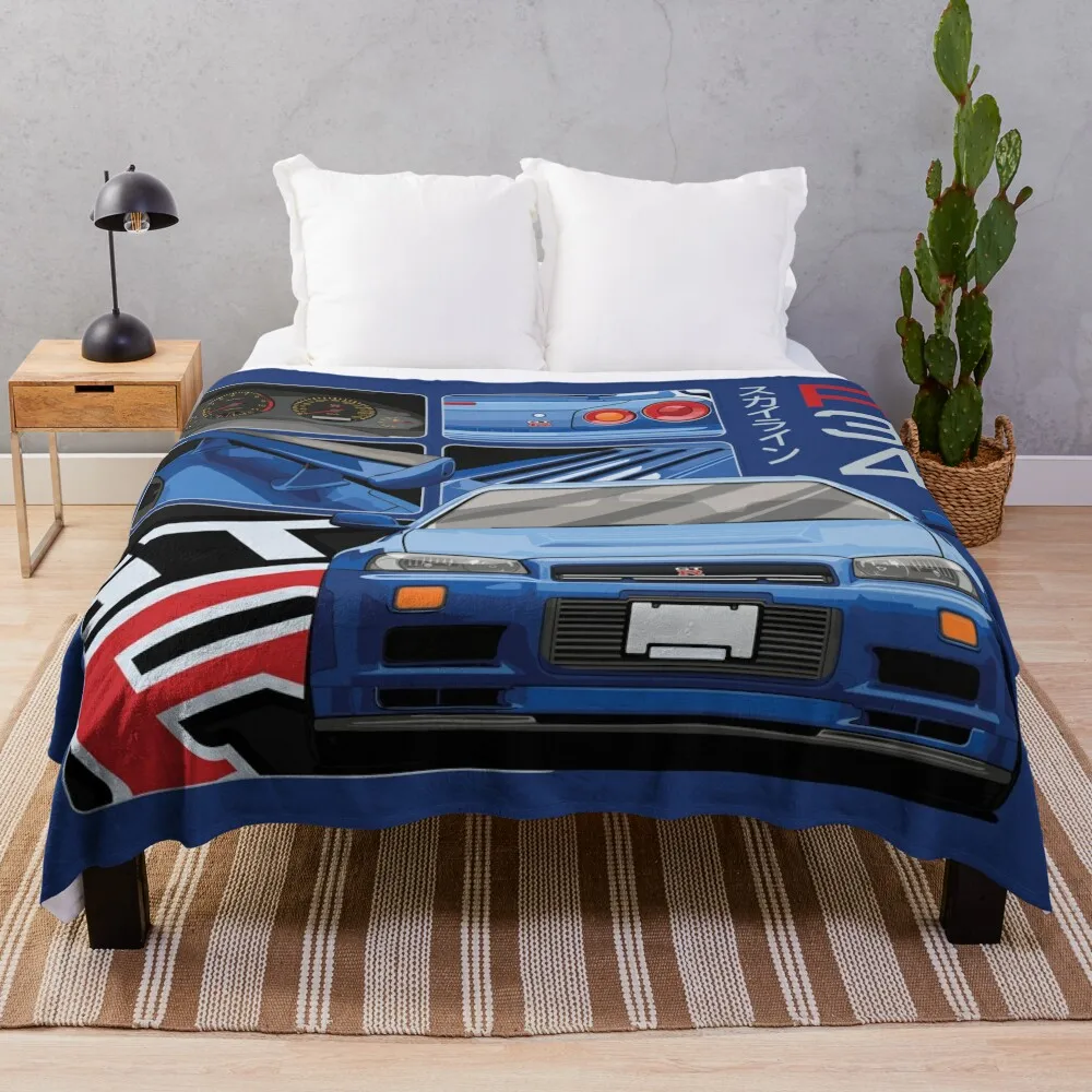 

Skyline GTR R34 Blue Drawing Vector Throw Blanket Vintage Custom Sleeping Bag Blankets