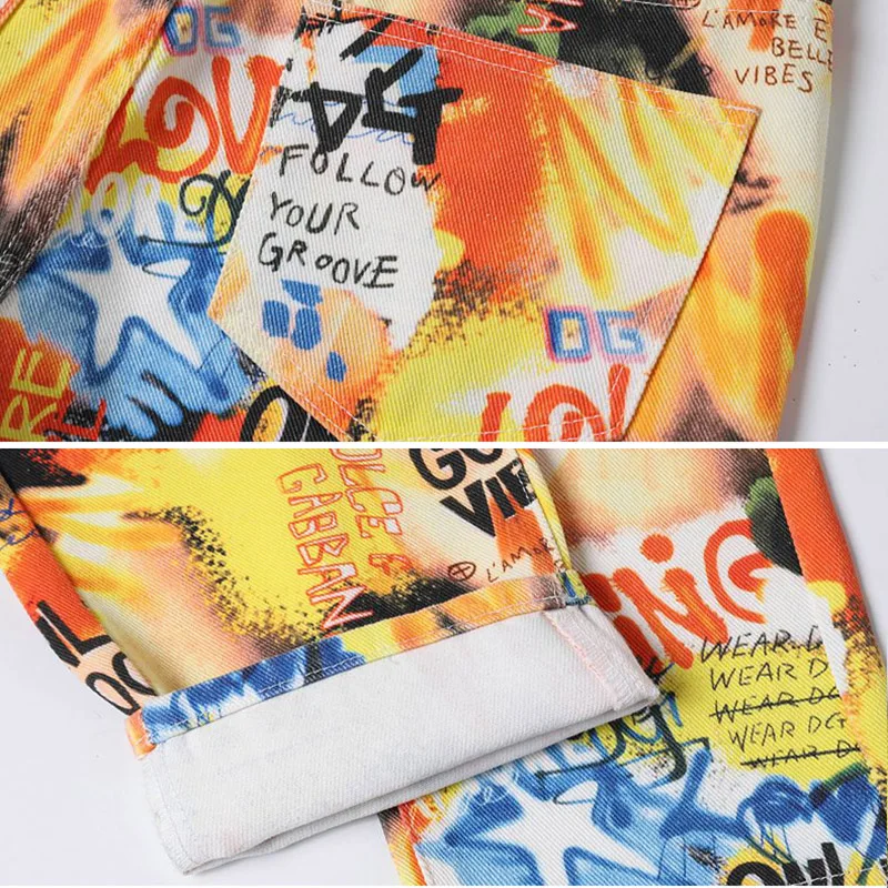 Hommes mode polyvalent imprimé cravate colorant pantalon hommes Baggy jambe droite jambe large haute rue Denim pantalon classique jaune pantalons de survêtement