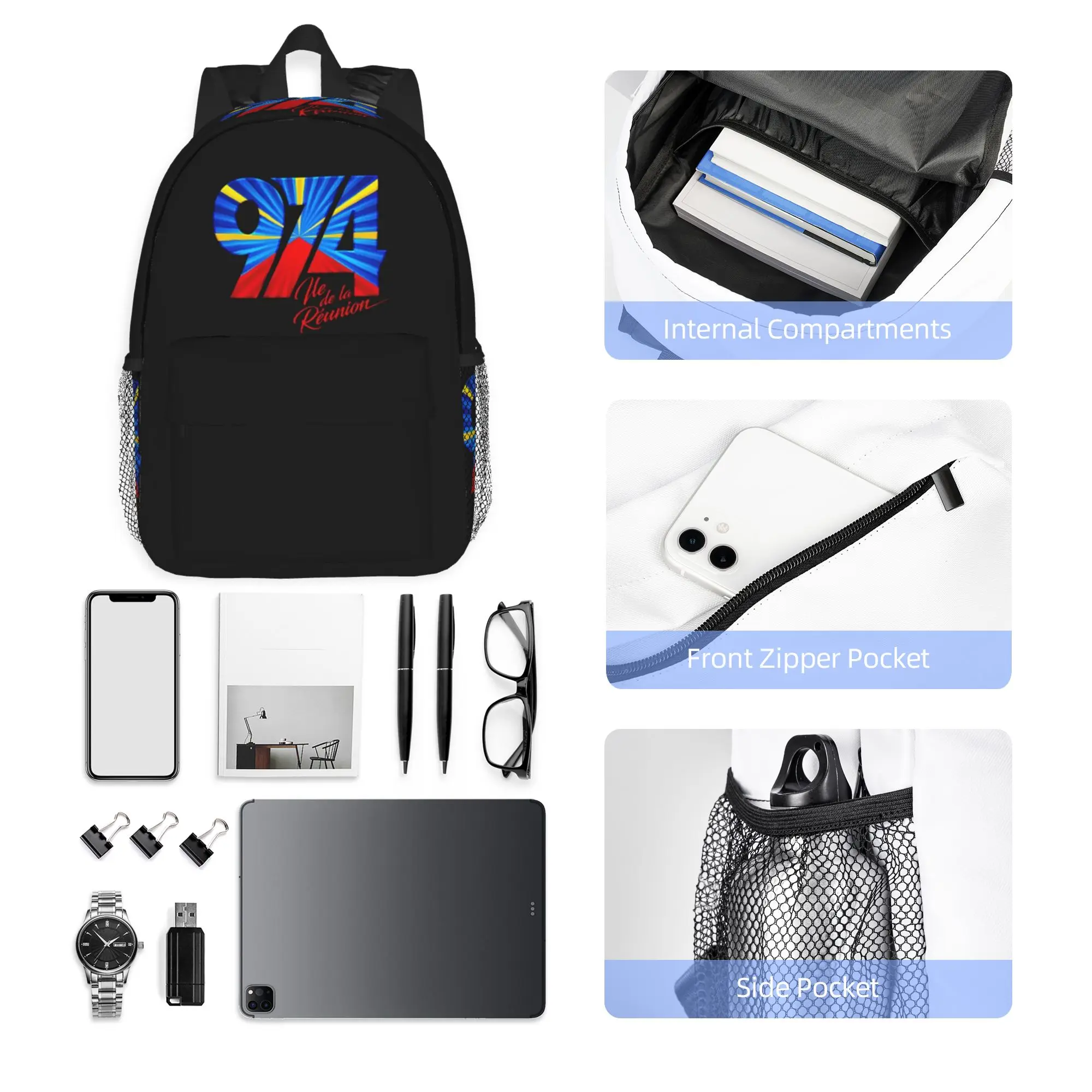 974 Reunion Island Flag Backpack Hot Sale Daypack Large Capacity Boys Girls BookBag Shoulder Bags for Men Women School Bag