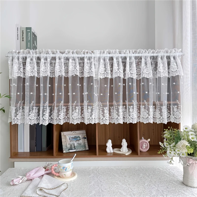 Korean Pastoral Style White Flower Embroidered Double Layer Lace Cafe Curtain For Kitchen Cabinets Farmhouses Homestays Home Dec