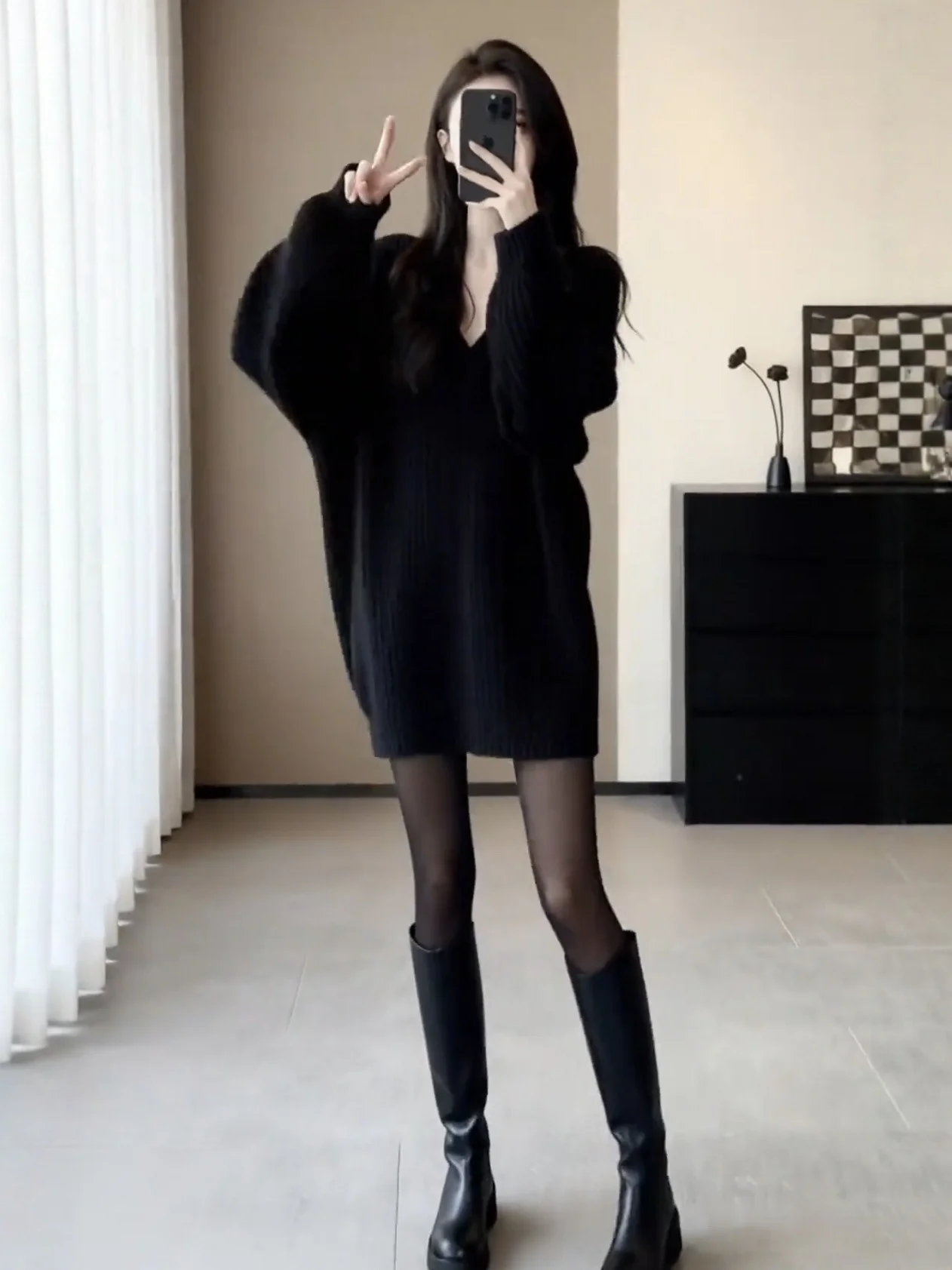 

Loose Long Bla Knitted Sweater Women's Autumn Winter plus Size Comfortable Korean Sle Base irt Casual V-ne Top