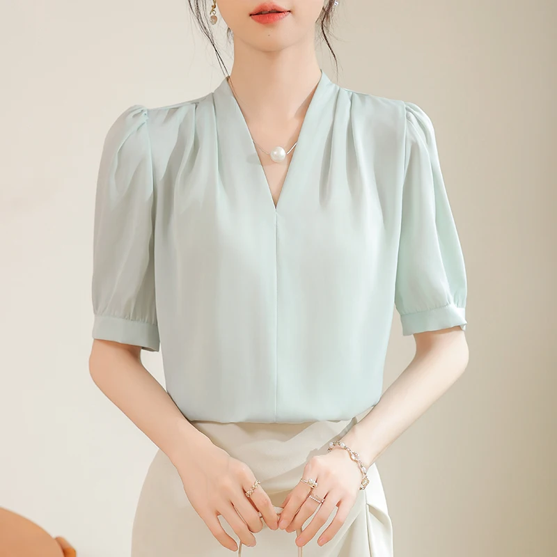 Summer Women\'s V-neck Shirts, Elegant Fashion Loose Short Sleeve Pullover Top, Office Lady Commute Chiffon High Quality Blouses