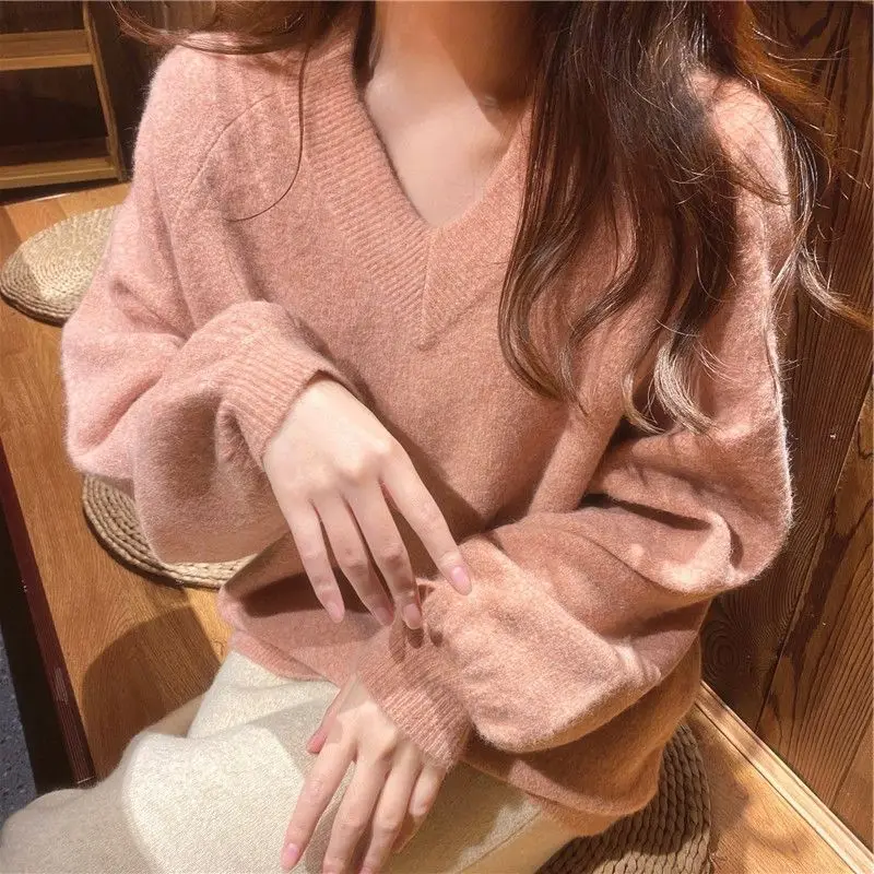 Beautiful Solid Color V-neck Soft Comfort Women's Sweater Autumn Winter Thicken Loose Lazy Style Casual Knitted Top for Women