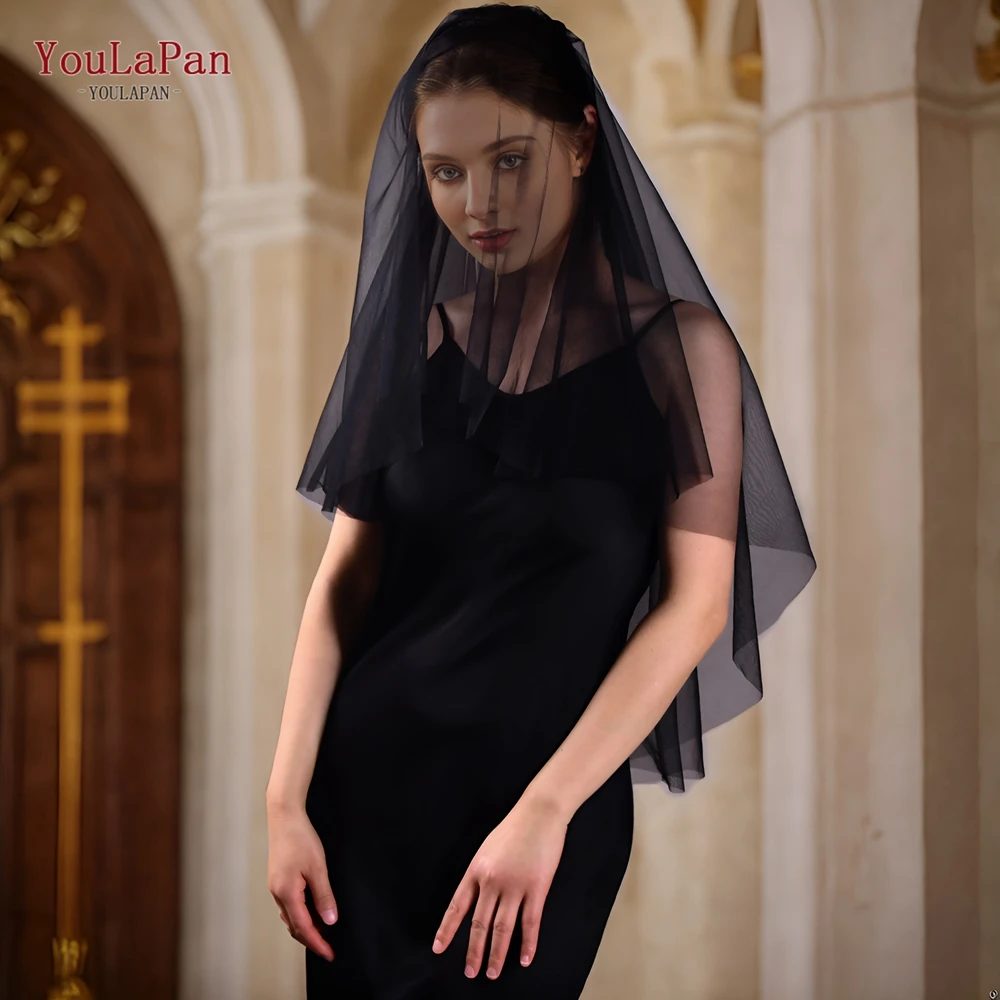 YouLaPan Black Double Bridal Veil with Simple Hair Comb Elbow Length Wedding Veil for Bachelorette Parties women's veil V215