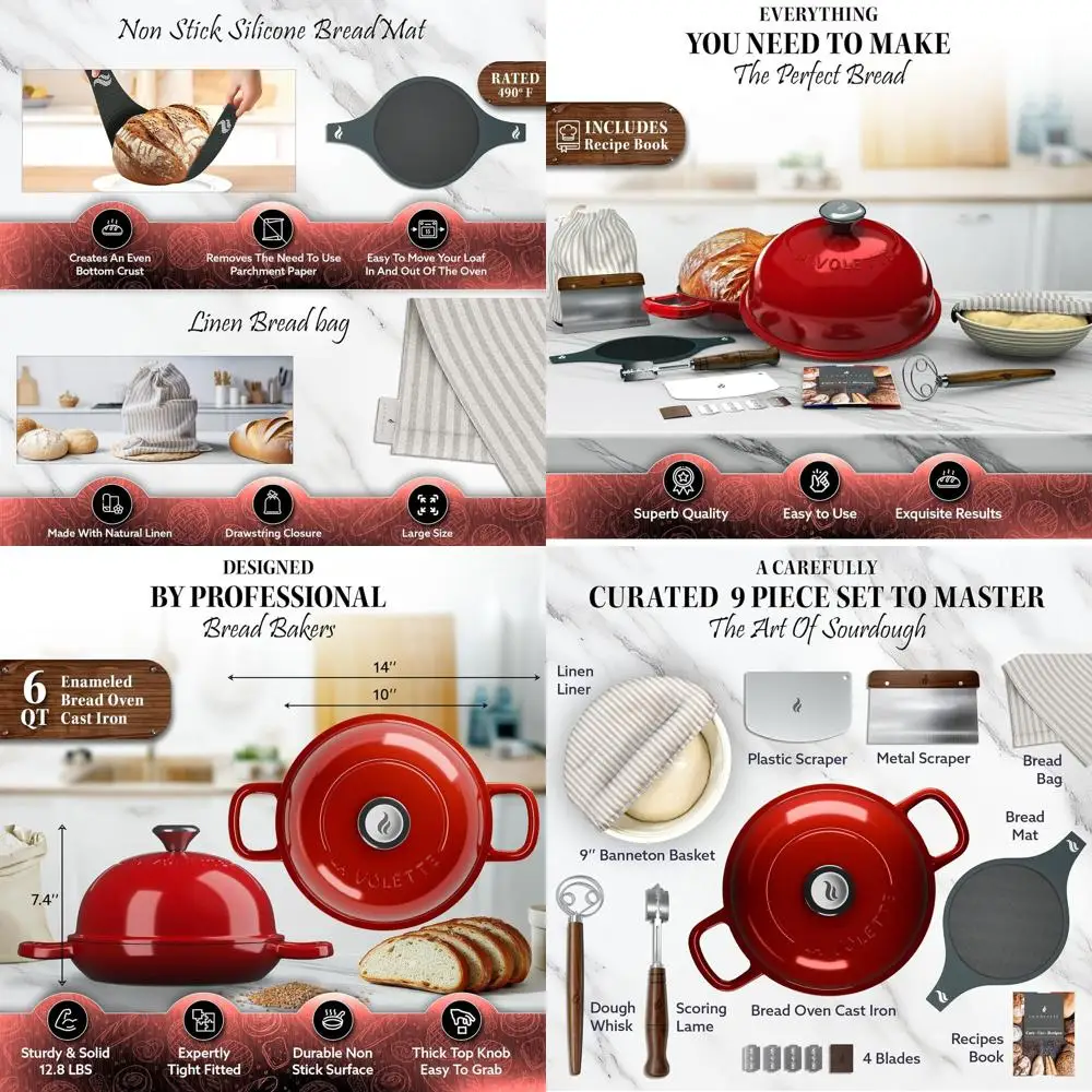 

9-Piece Red Enamel Cast Iron Bread Baking Set with Lid and Silicone Mat