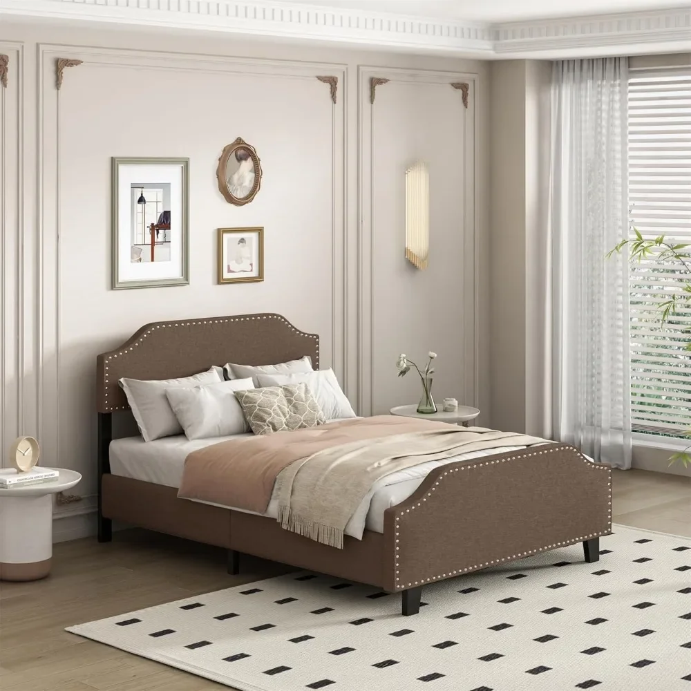 

Linen Upholstered Bed Frame with Curved Shape Height Adjustable Headboard Footboard No Noise Easy to Assemble