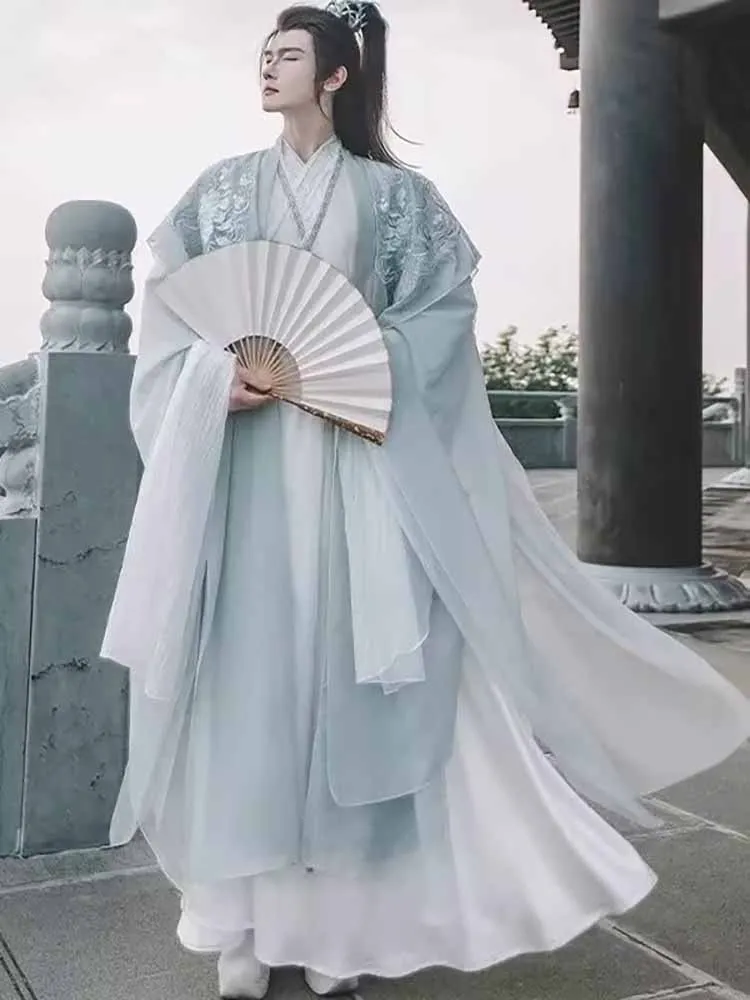 

Chinese Hanfu Men Traditional Ancient Hanfu Sets Male Halloween Cosplay Costume Silver Gray Embroidered Hanfu Set Plues Size 3XL
