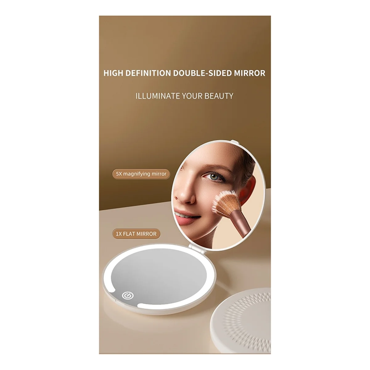 Espejo de maquillaje LED compacto de viaje, espejos de iluminación plegables pequeños recargables de 3 colores, batería integrada de 600 Mah