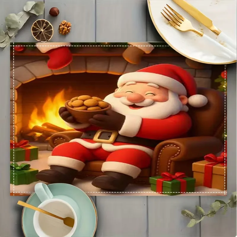 Cartoon Santa Claus Christmas Placemats Fireplace Gift Box Pattern Table Mats Holiday Decor Table Placemat for Dinner Table
