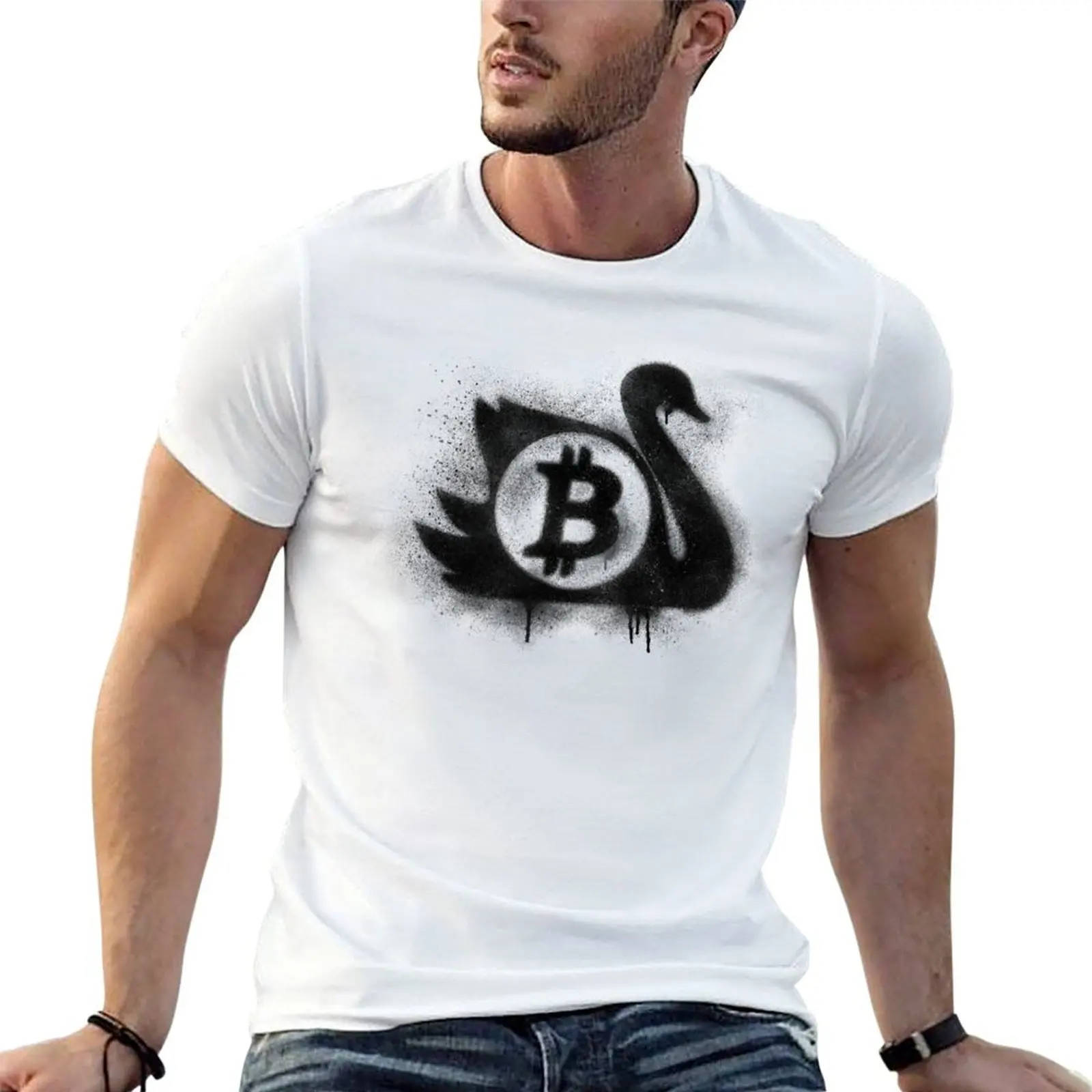 Bitcoin Black Swan Graffiti spray stencil T-Shirt tees plus size clothes funny t shirts for men