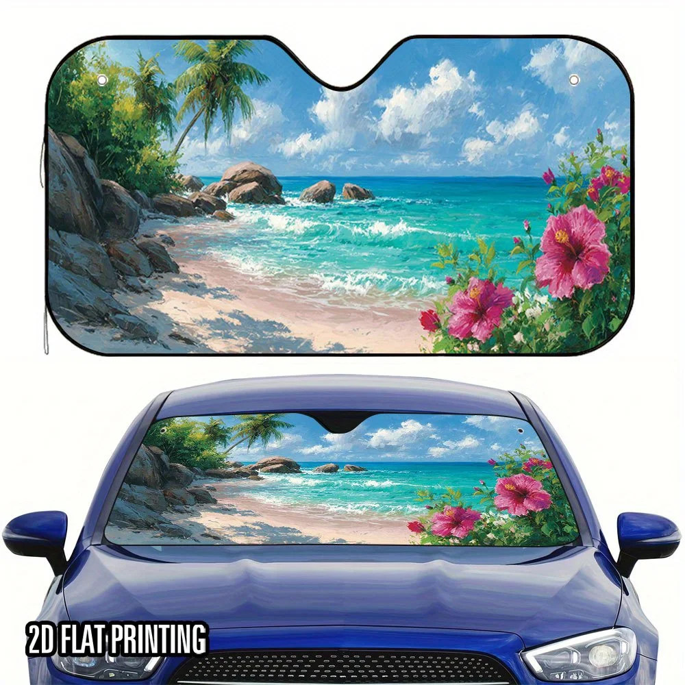 Pare-soleil de voiture blanc 2D plat Tropical Beach, imprimé Bliss, Design pliable de haute qualité, installation facile avec 4 ventouses, 1 pièce