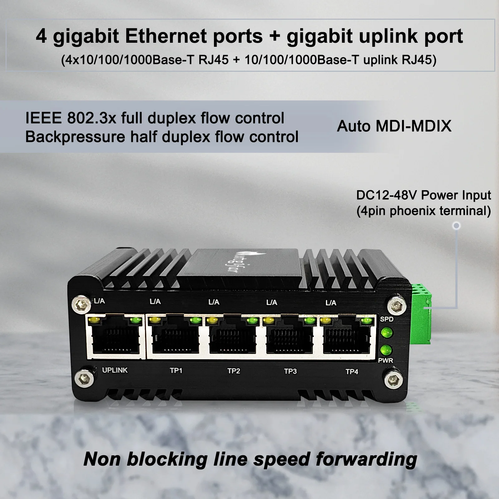 Mini Industrial 5 Ports Gigabit Ethernet (PoE) Switch 10/100/1000Mbps RJ45 Din Rail Network Switch IP40 Aluminum Case 12~48V DC