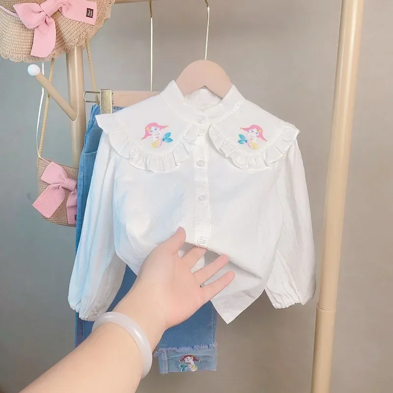 

Children Girl Pant Set 2-7Years Toddler Kids Long Sleeve Mermaid Embroidered White Shirt Tops+Elastic Waist Jeans 2PCS Clothes