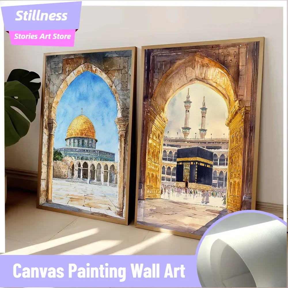 Stillness Stories Frameless Al-Aqsa Mosque Kaaba Islamic Canvas Poster Watercolors Decorative Painting Modern Pictures Living R