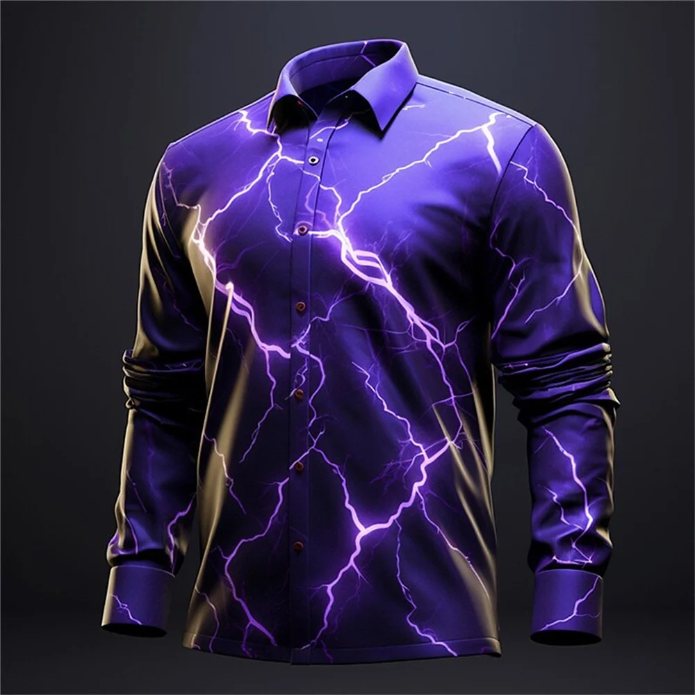 Lightning Print Men's Shirts Casual Single-Breasted Blouses Long Sleeve Shirt New Streetwear Lapel Tops Trend Tops Men Clothing