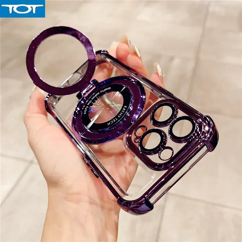 

Роскошный прозрачный чехол Magsafe с магнитным держателем и подставкой для iPhone 16, 15, Pro 12, 13, 14 Pro Max 15, 16 Plus, задняя крышка с бампером