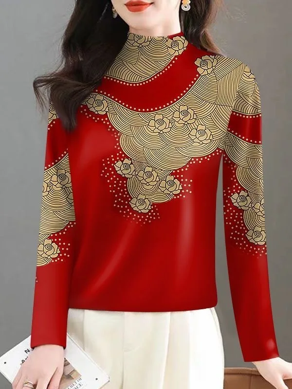 

Fashionable Printed Fleece Lined Thickened Half High Collar Long Sleeve Base Shirt Women's Mommy Style Belly Concealing Slimm...