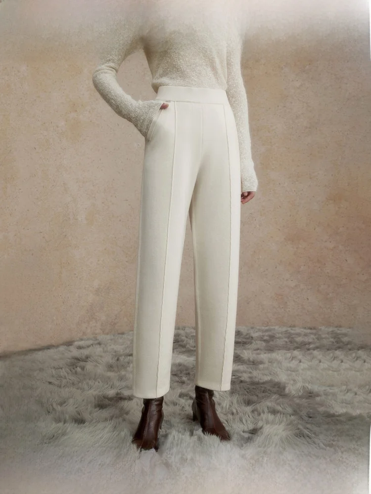 

ZhiZhi Casual Knitted Nine-Piece Pants Women's Winter Warm Cone Shape Pants High Waist Seven-Foot Length Woolen Trousers