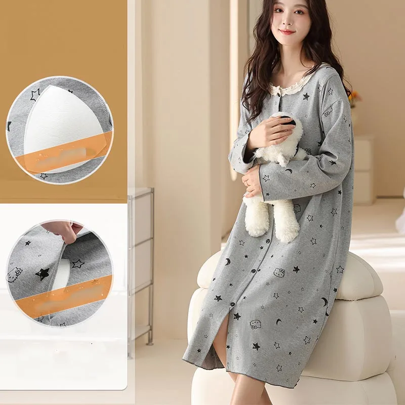 Maternity Spring and Summer House Nursing Dresses Cotton With Chest Pad Maternity Nightgown Sleepwear for Breastfeeding