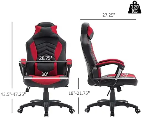 6 Vibrating Point Massage Computer Gaming Chair 5 Modes, Racing Style Heated Desk Chair Swivel Rolling Chair with Headrest, Red/