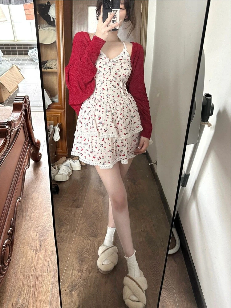 2024 Spring Sweet 2 Piece Dress Set Women Outwear Casual Elegant Knitted Cardigan + Floral Mini Dress Korean Fashion Suit Chic