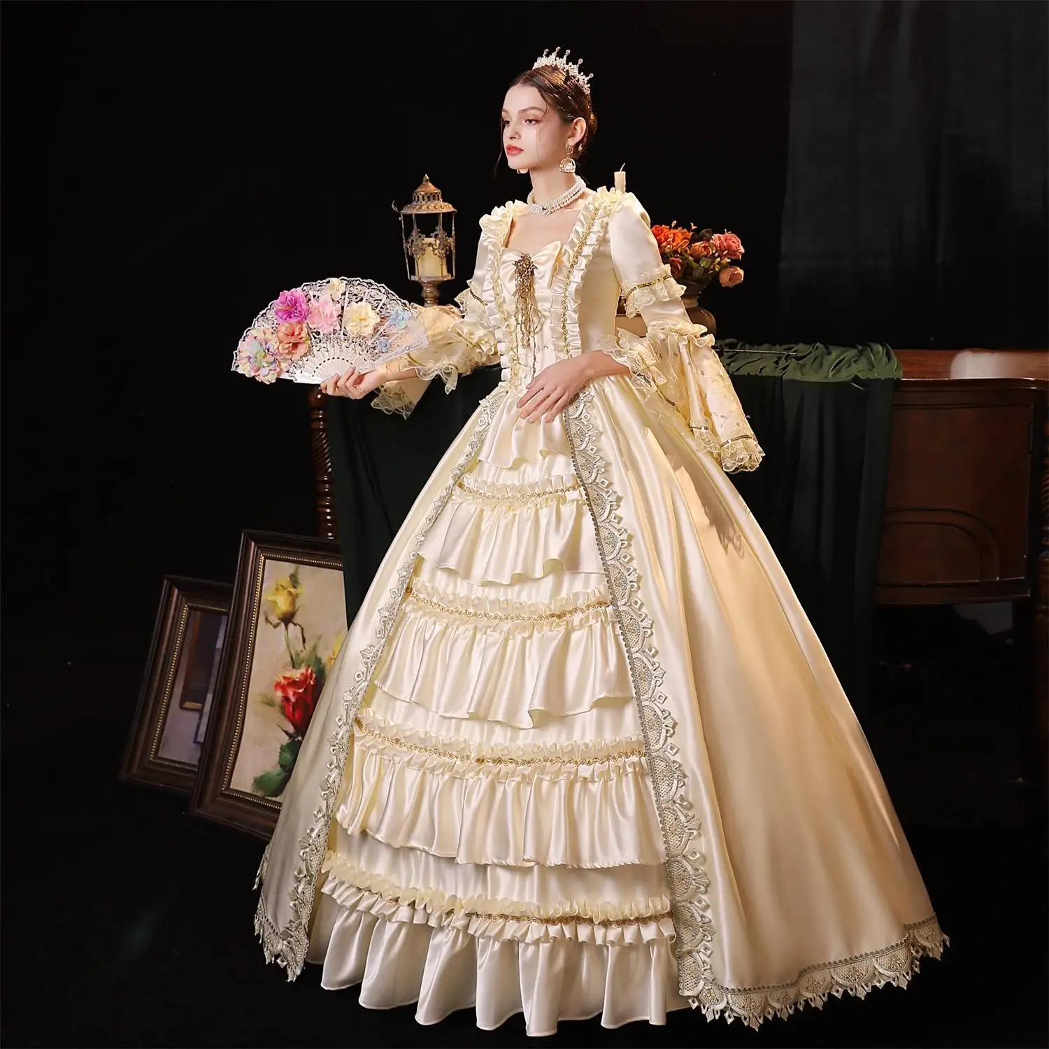 샴페인 유럽 코트 의상 드라마 생일 파티 무대 드라마 빈티지 합창 공연 드레스 Robes De Soirée Haute Qualité