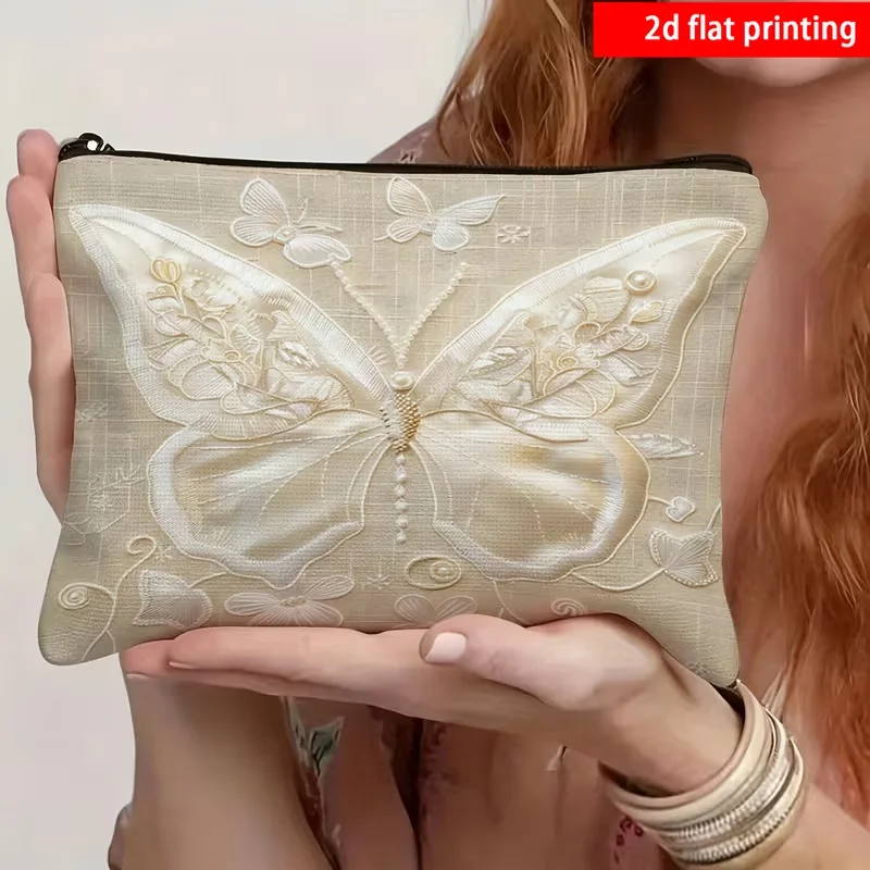 2D Printing Exquisite Butterfly Print Makeup Bag, Durable Linen Zipper Closure Skincare Product Storage Bag Double-sided Printed