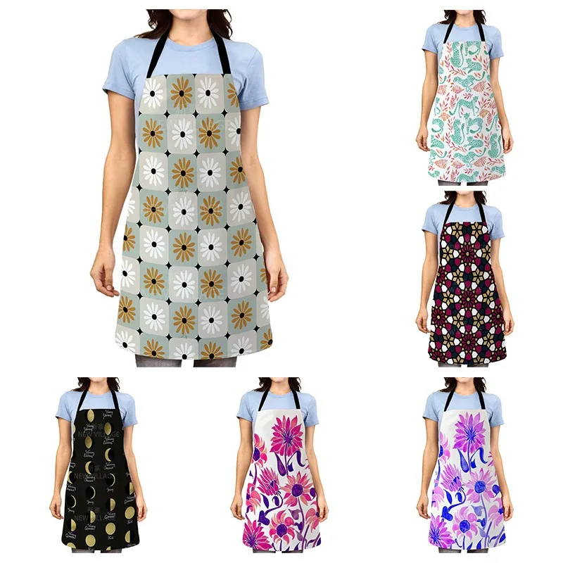 1 Pcs Floral Pattern Kitchen Aprons Woman Adult Kids Cotton Linen Bibs Home Cooking BBQ Apron Cleaning Accessory 38x47cm