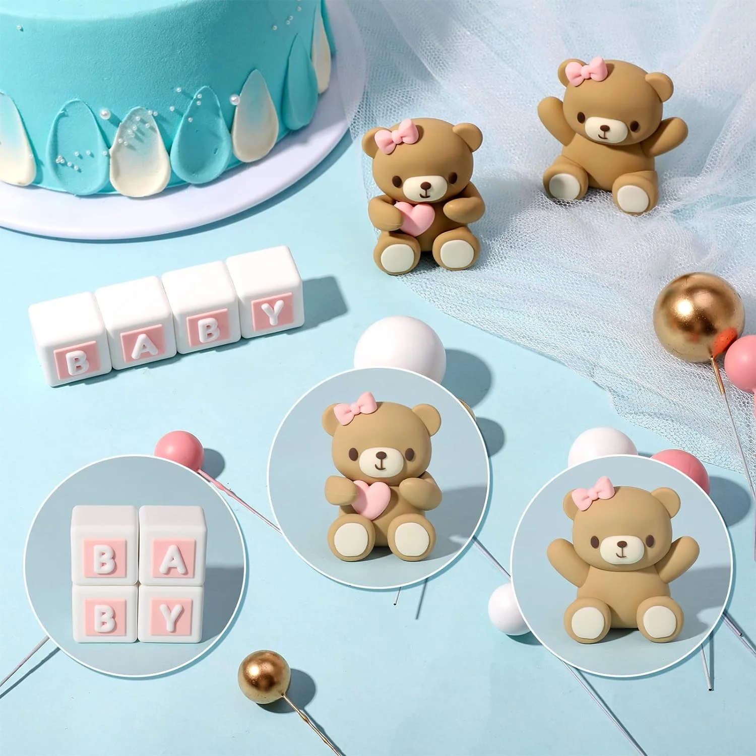 Pink Bear Cake Toppers 2-4cm Gold White Balls Teddy Bear Cake Topper for Birthday Gender Revel Party Baby Shower Cake Decoration