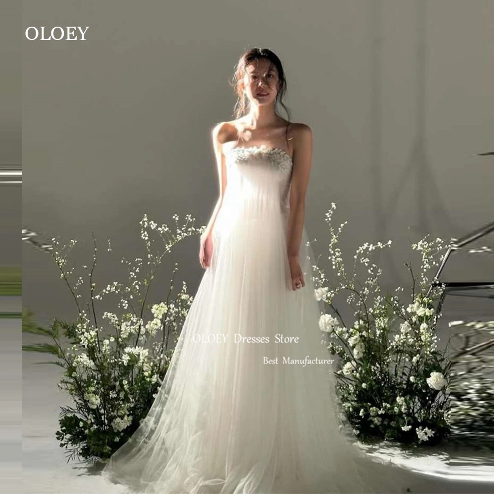 OLOEY Fairy Strapless Tulle A Line Korea Wedding Dresses Photoshoot Beads Neck Straight Pregnant Women Bridal Gowns Corset Back