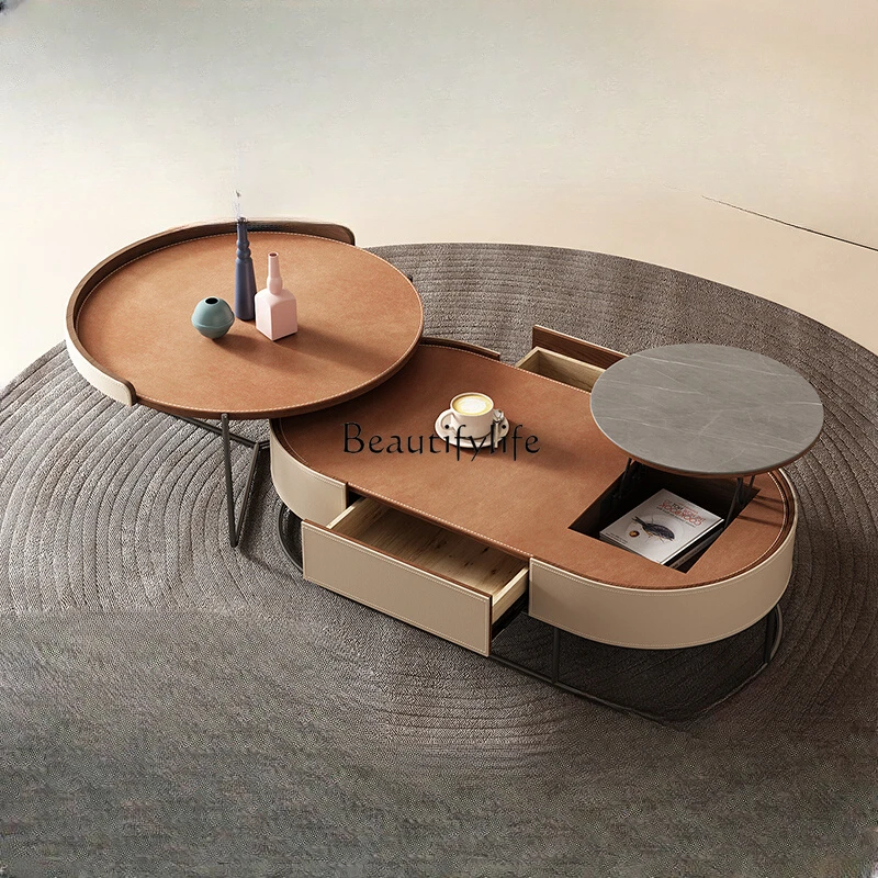 

Italian minimalist lifting coffee table light luxury modern saddle leather oval coffee table combination