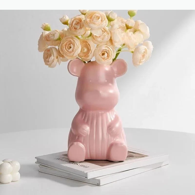 Florero de cerámica de oso, adorno para mesa de comedor, arreglo floral, utensilios, florero hidropónico, decoración estética para sala de estar