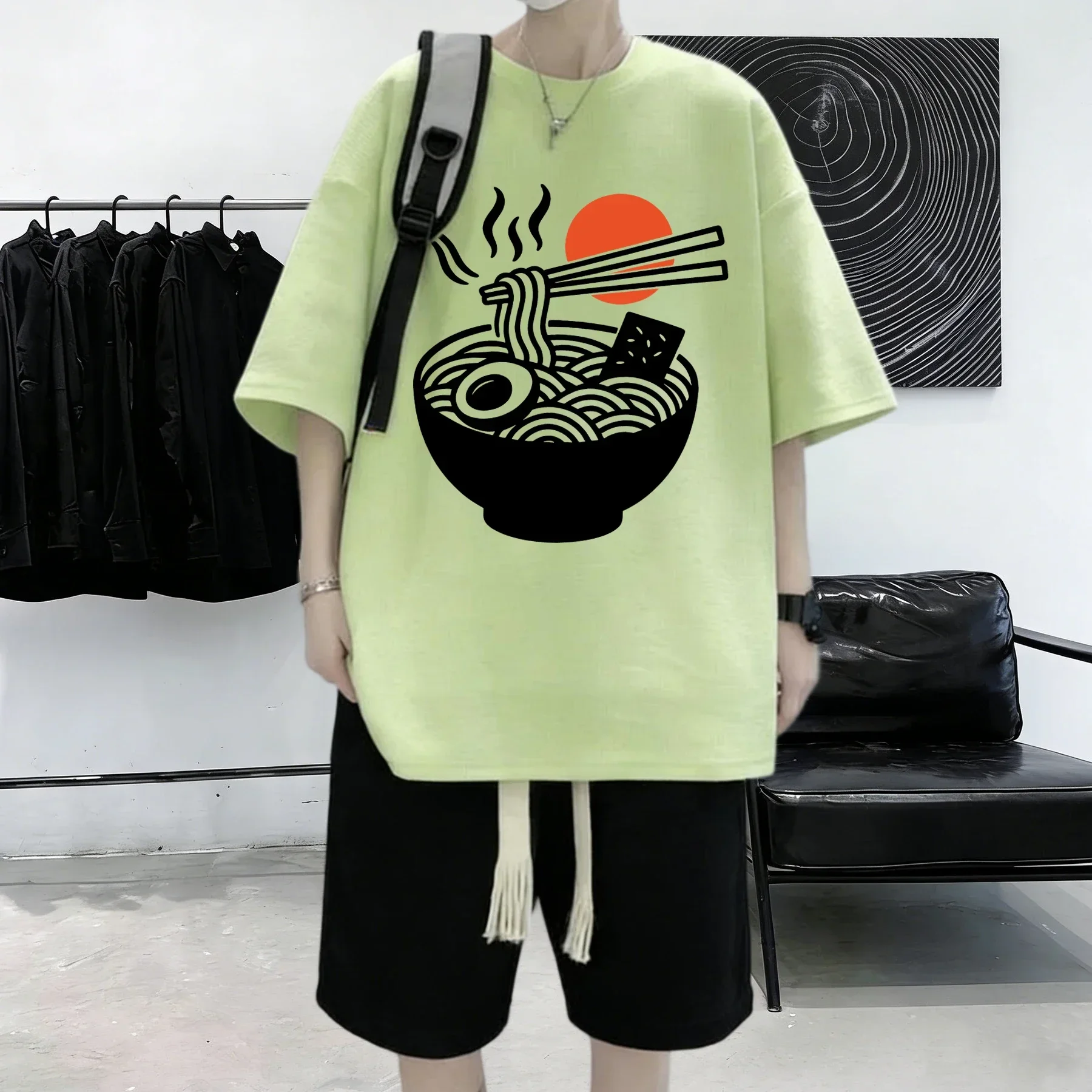 Steaming Lamian Noodles Printed Men Cotton Daily Summer Streetwear Casual Commute Breathable T-Shirt Korean Soft Short Sleeve